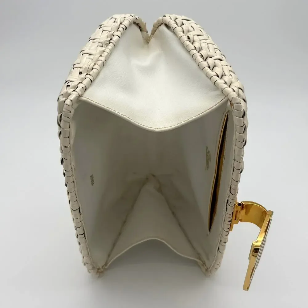 Rodo Italy Woven Cane Leather Box Clutch Ivory Gold Tone Vintage Bag